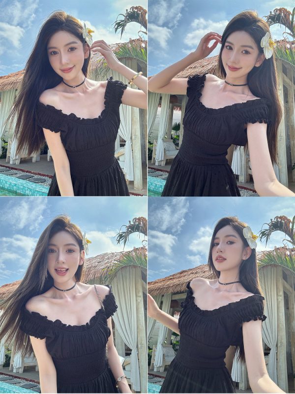 Lightweight Black Ruffled High-Waisted Swing Dress - Summer Elastic Slimming Princess Style