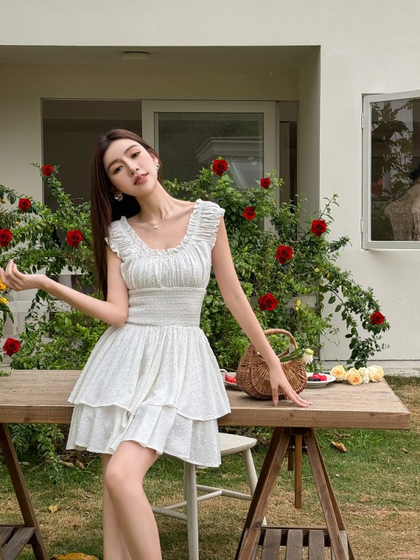 Lightweight Black Ruffled High-Waisted Swing Dress - Summer Elastic Slimming Princess Style