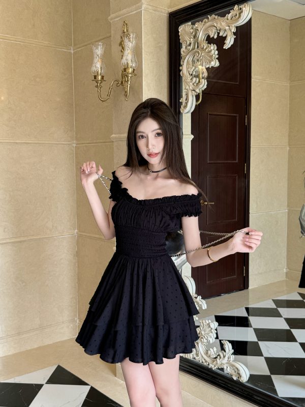 Lightweight Black Ruffled High-Waisted Swing Dress - Summer Elastic Slimming Princess Style