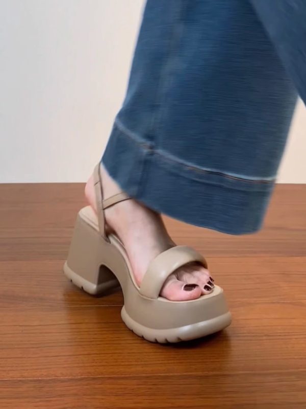Lightweight Chunky-Heeled One-Strap Open-Toe Sandals for Women - Summer Waterproof Platform High Heels in First-Layer Cowhide