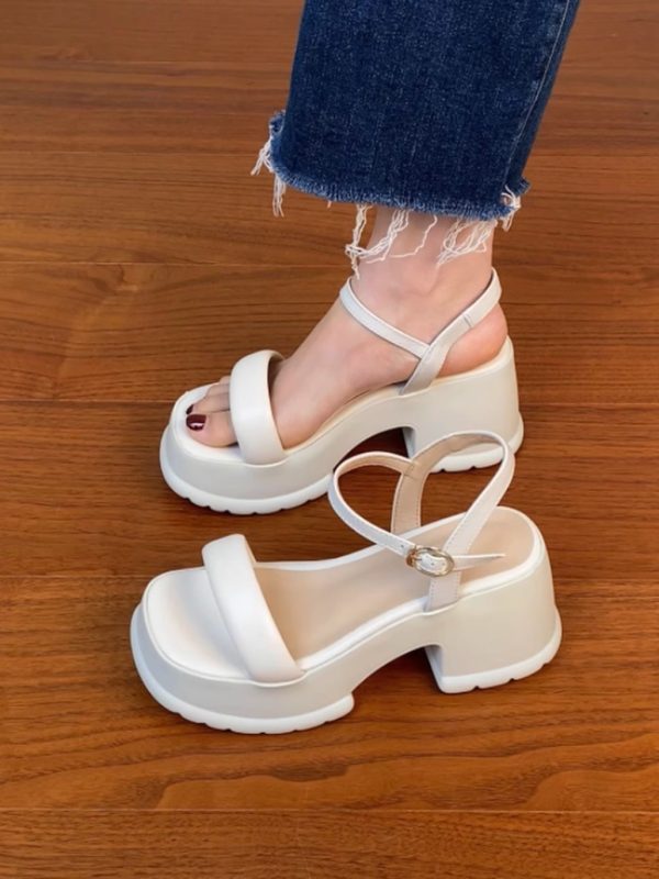 Lightweight Chunky-Heeled One-Strap Open-Toe Sandals for Women - Summer Waterproof Platform High Heels in First-Layer Cowhide