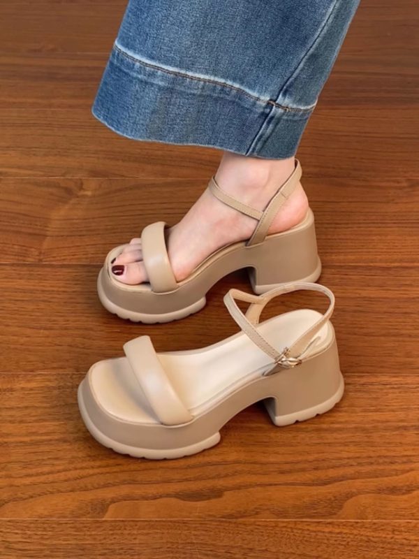 Lightweight Chunky-Heeled One-Strap Open-Toe Sandals for Women - Summer Waterproof Platform High Heels in First-Layer Cowhide