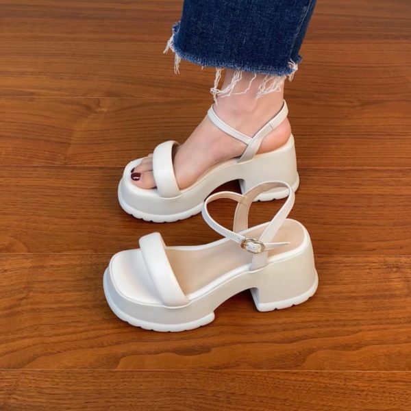 Lightweight Chunky-Heeled One-Strap Open-Toe Sandals for Women - Summer Waterproof Platform High Heels in First-Layer Cowhide