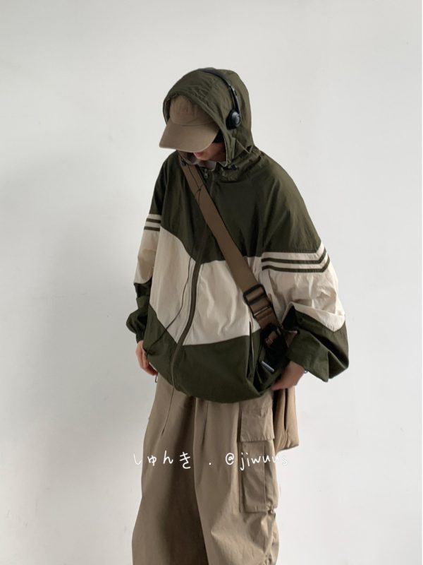 Lightweight Color-Blocked Hooded Sun Protection Jacket for Men and Women - Japanese Retro Outdoor Work Coat, Breathable Summer Style