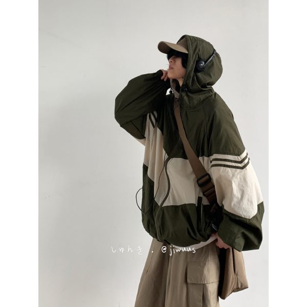Lightweight Color-Blocked Hooded Sun Protection Jacket for Men and Women - Japanese Retro Outdoor Work Coat, Breathable Summer Style