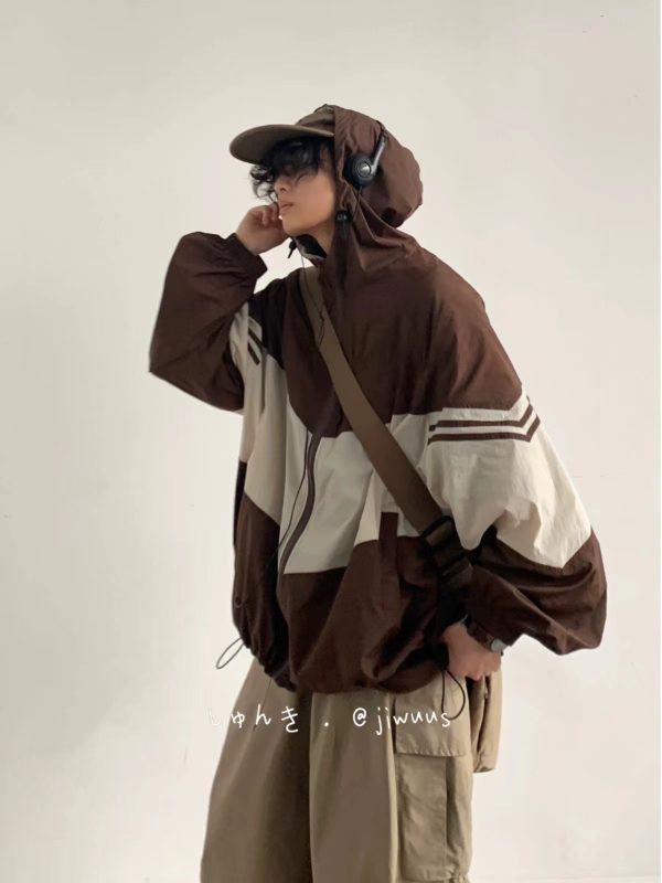 Lightweight Color-Blocked Hooded Sun Protection Jacket for Men and Women - Japanese Retro Outdoor Work Coat, Breathable Summer Style