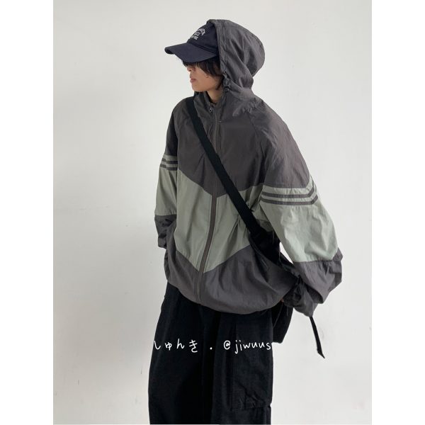 Lightweight Color-Blocked Hooded Sun Protection Jacket for Men and Women - Japanese Retro Outdoor Work Coat, Breathable Summer Style