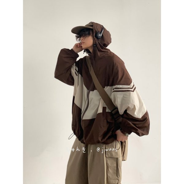 Lightweight Color-Blocked Hooded Sun Protection Jacket for Men and Women - Japanese Retro Outdoor Work Coat, Breathable Summer Style
