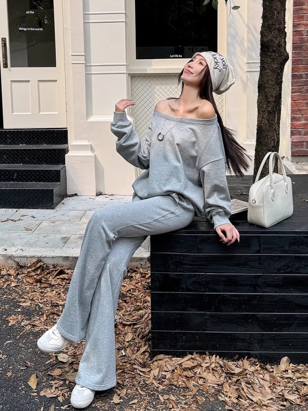 Lightweight Gray Off-Shoulder Sweatshirt for Women - Loose Fit Long Sleeve Top, Perfect for Spring & 90s-Inspired Style