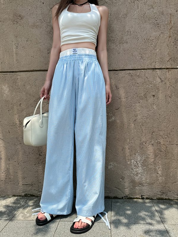 Lightweight High-Waisted Casual Wide-Leg Pants - Summer Striped Blue and White Loose Straight-Leg Trousers for Effortless Style