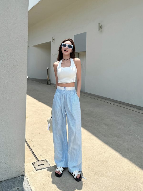 Lightweight High-Waisted Casual Wide-Leg Pants - Summer Striped Blue and White Loose Straight-Leg Trousers for Effortless Style