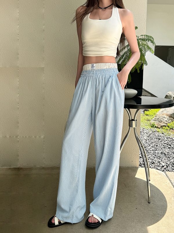 Lightweight High-Waisted Casual Wide-Leg Pants - Summer Striped Blue and White Loose Straight-Leg Trousers for Effortless Style
