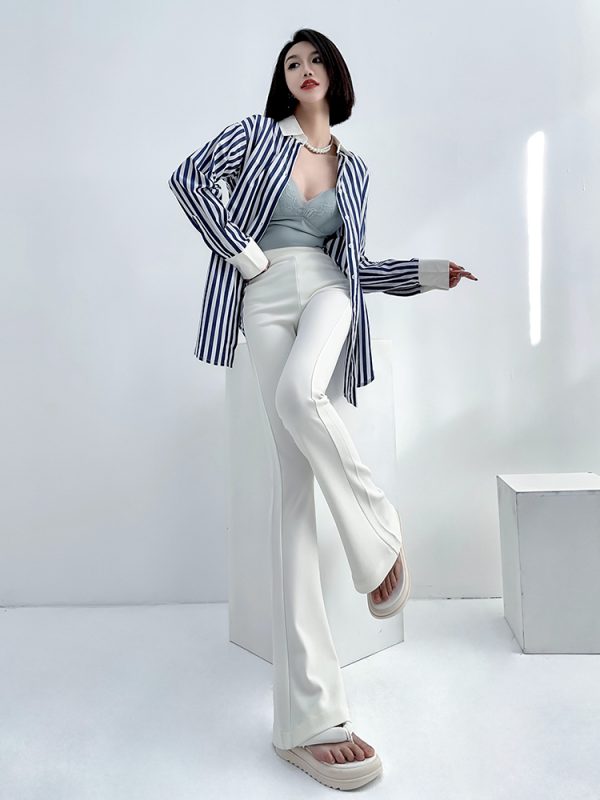 Lightweight High-Waisted Flared Pants for Women - Stretchy Draping Wide-Leg, Slimming Floor-Length Design for Spring and Autumn