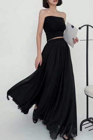 Lightweight High-Waisted Floor-Length Chiffon Skirt with 3-Layered Hem - Summer Beach Skirt with Elastic Waist