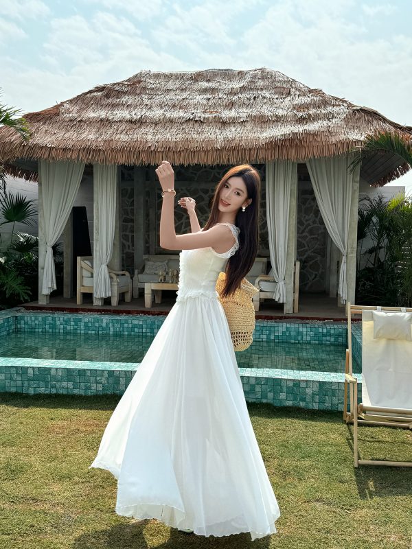 Lightweight High-Waisted Floor-Length Chiffon Skirt with 3-Layered Hem - Summer Beach Skirt with Elastic Waist