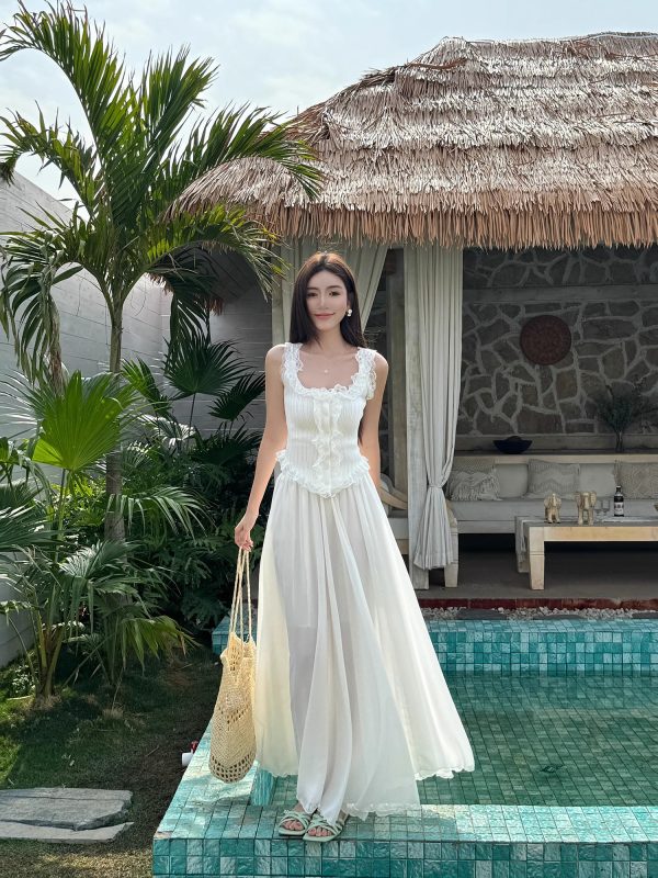 Lightweight High-Waisted Floor-Length Chiffon Skirt with 3-Layered Hem - Summer Beach Skirt with Elastic Waist