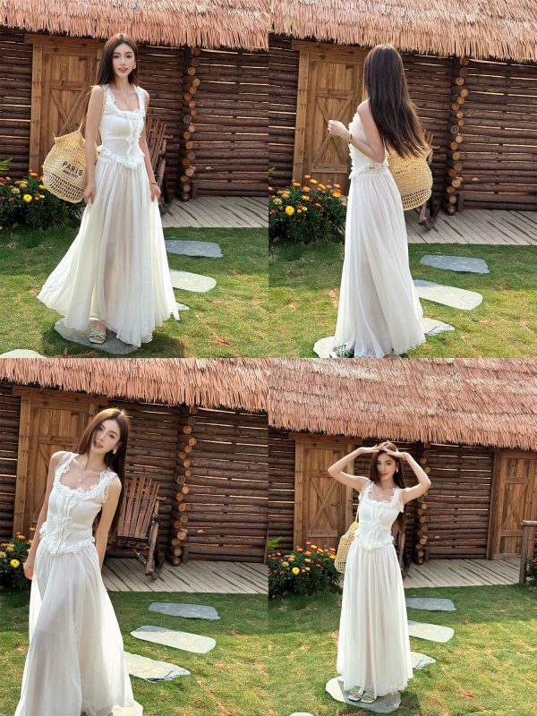 Lightweight High-Waisted Floor-Length Chiffon Skirt with 3-Layered Hem - Summer Beach Skirt with Elastic Waist