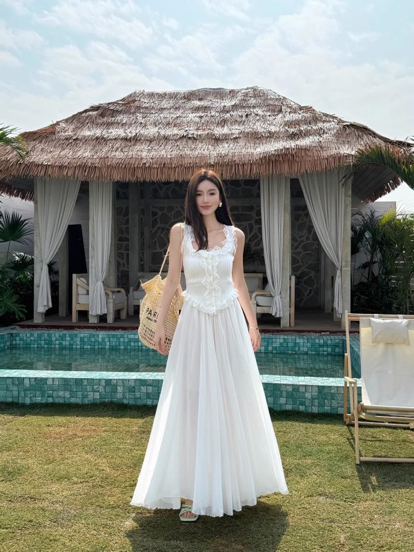 Lightweight High-Waisted Floor-Length Chiffon Skirt with 3-Layered Hem - Summer Beach Skirt with Elastic Waist