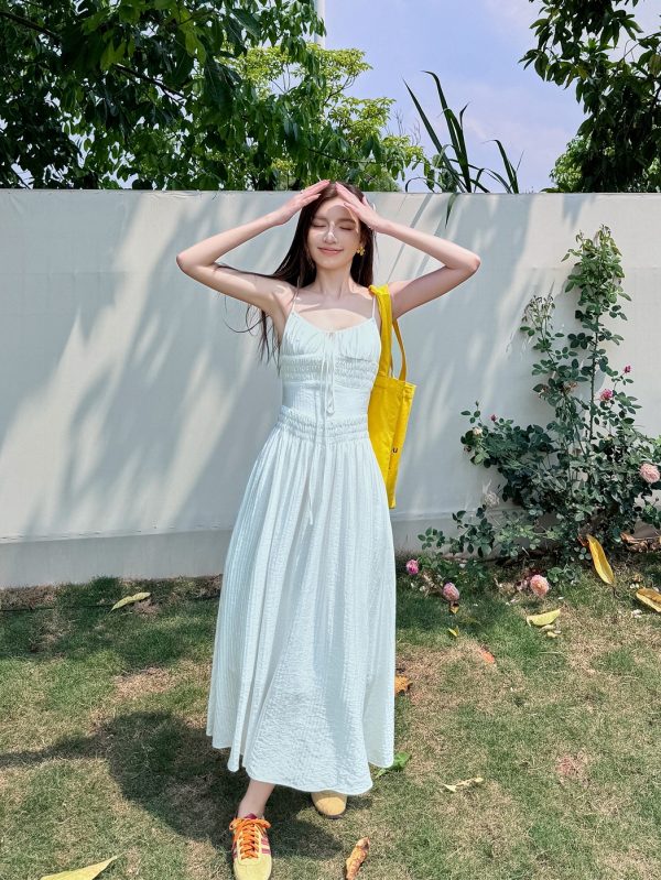 Lightweight High-Waisted Long Dress with Straps, Hollow Out Design, Slimming A-Line Silhouette for Summer Vacation Style