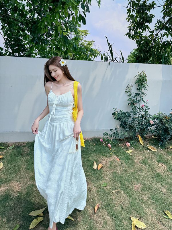Lightweight High-Waisted Long Dress with Straps, Hollow Out Design, Slimming A-Line Silhouette for Summer Vacation Style