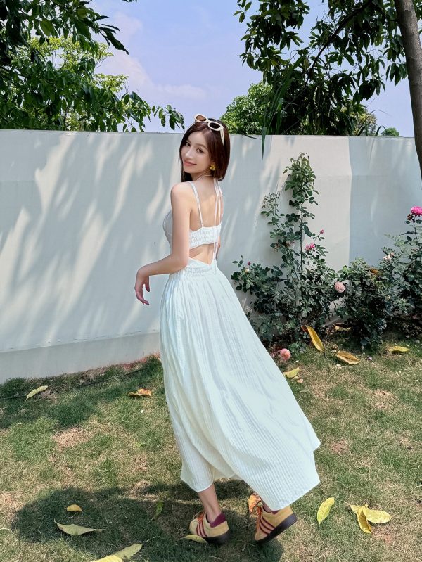 Lightweight High-Waisted Long Dress with Straps, Hollow Out Design, Slimming A-Line Silhouette for Summer Vacation Style