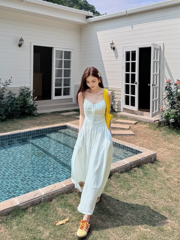 Lightweight High-Waisted Long Dress with Straps, Hollow Out Design, Slimming A-Line Silhouette for Summer Vacation Style