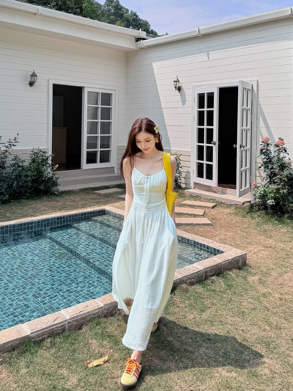 Lightweight High-Waisted Long Dress with Straps, Hollow Out Design, Slimming A-Line Silhouette for Summer Vacation Style