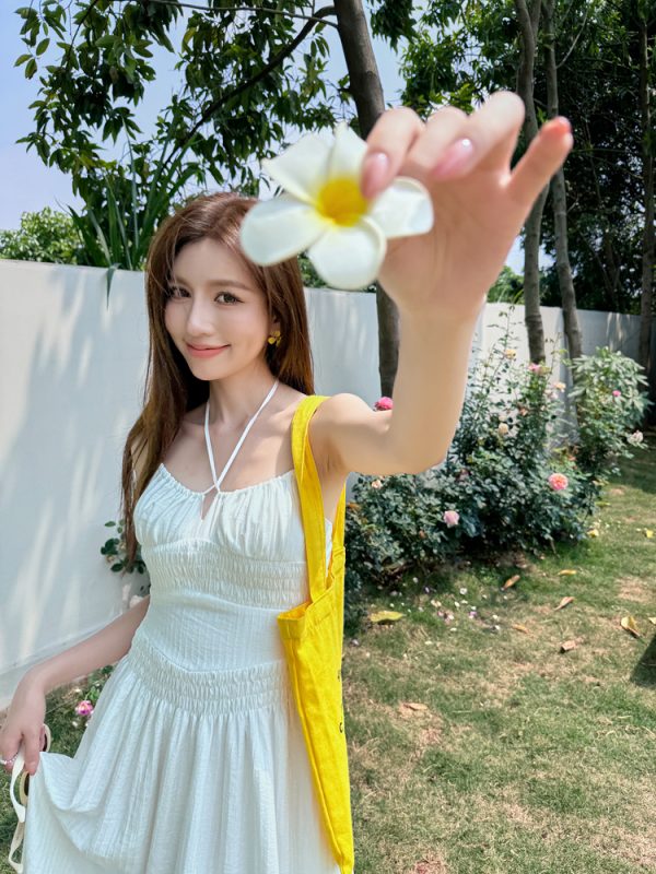 Lightweight High-Waisted Long Dress with Straps, Hollow Out Design, Slimming A-Line Silhouette for Summer Vacation Style