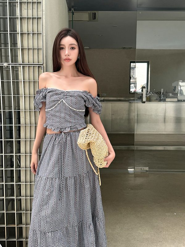 Lightweight High-Waisted Long Skirt Set with Checkered Short-Sleeve Top - Trendy 2-Piece Outfit for Summer Style