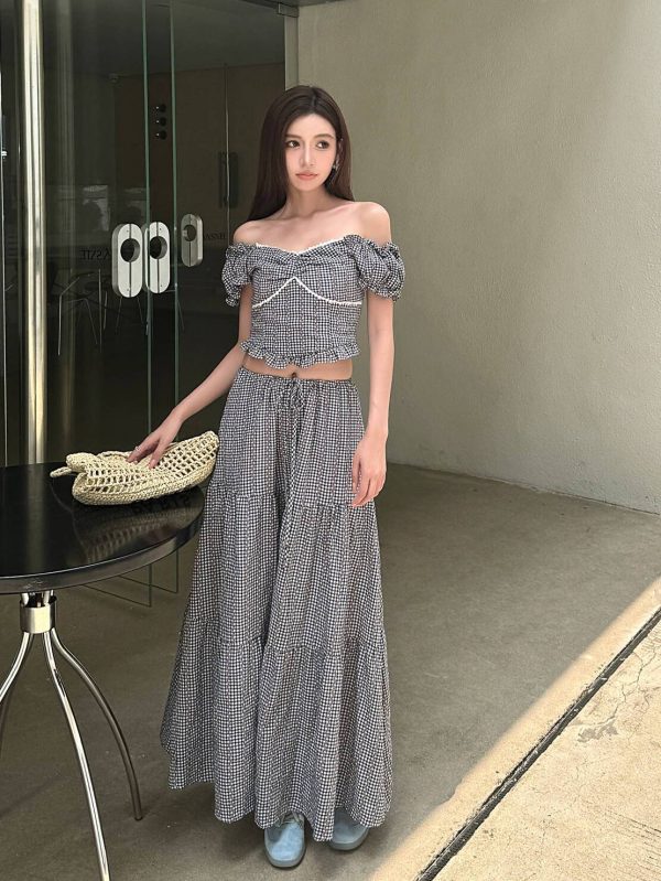 Lightweight High-Waisted Long Skirt Set with Checkered Short-Sleeve Top - Trendy 2-Piece Outfit for Summer Style