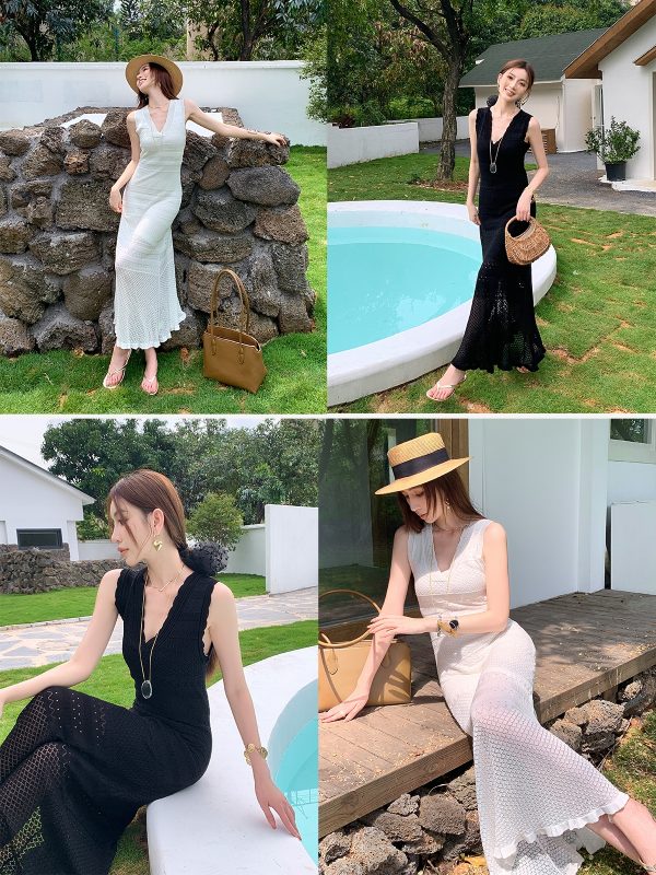 Lightweight High-Waisted V-Neck Hollow Knit Dress for Women - Slim Fit Long Skirt Perfect for Spring and Summer Style