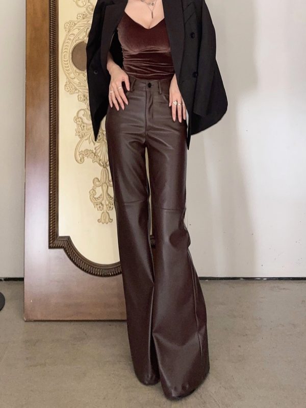 Lightweight High-Waisted Wide-Leg Flared Pants for Women - Slimming Mid-Rise Floor-Length PU Leather Trousers for Spring & Autumn