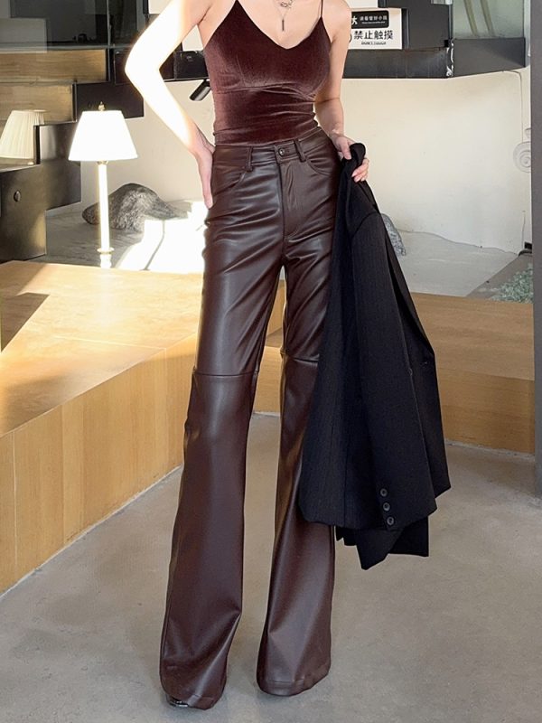 Lightweight High-Waisted Wide-Leg Flared Pants for Women - Slimming Mid-Rise Floor-Length PU Leather Trousers for Spring & Autumn