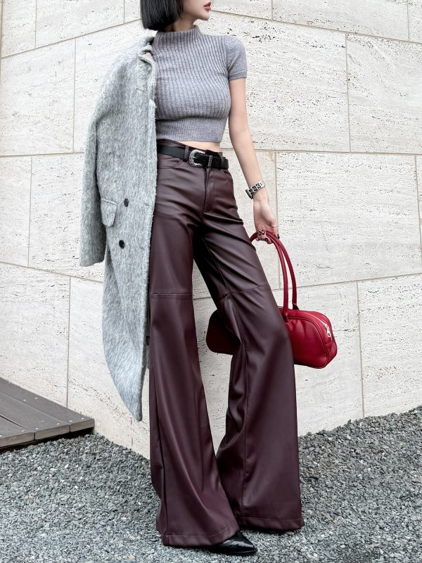 Lightweight High-Waisted Wide-Leg Flared Pants for Women - Slimming Mid-Rise Floor-Length PU Leather Trousers for Spring & Autumn