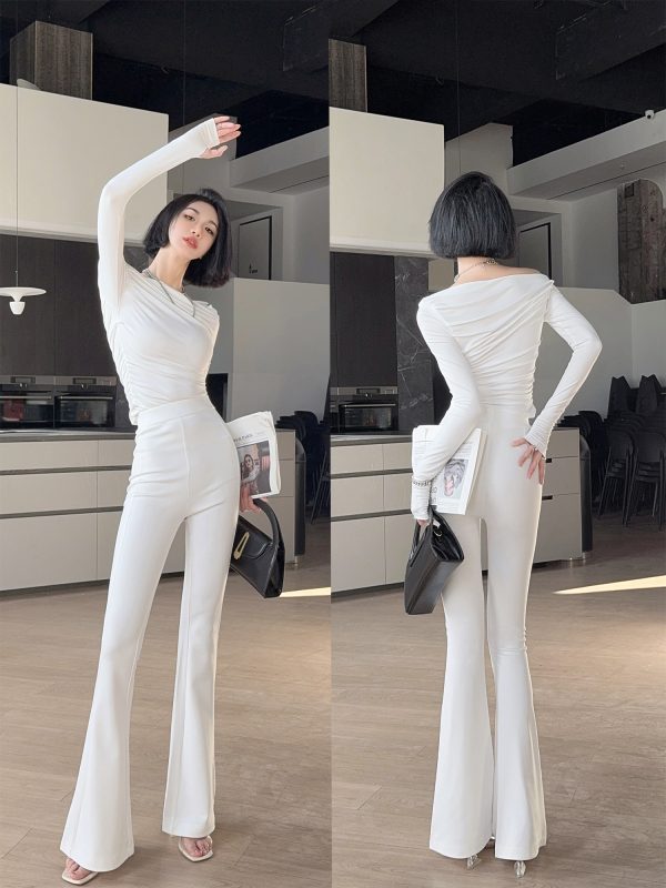 Lightweight High-Waisted Wide-Leg Flared Trousers for Women - Spring Fashion, Stretchy Floor-Length, Slimming Effect in White