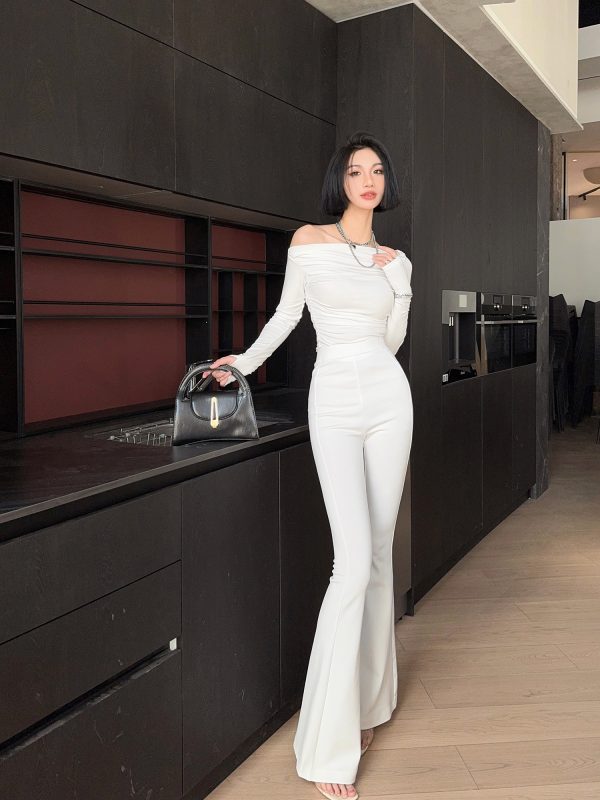 Lightweight High-Waisted Wide-Leg Flared Trousers for Women - Spring Fashion, Stretchy Floor-Length, Slimming Effect in White