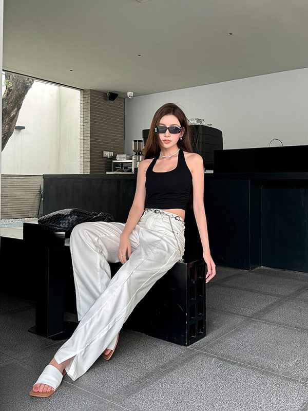 Lightweight High-Waisted Wide-Leg Jeans for Women - Summer Loose Fit, Split Hem, Floor-Length Tencel, White, Y2K Style