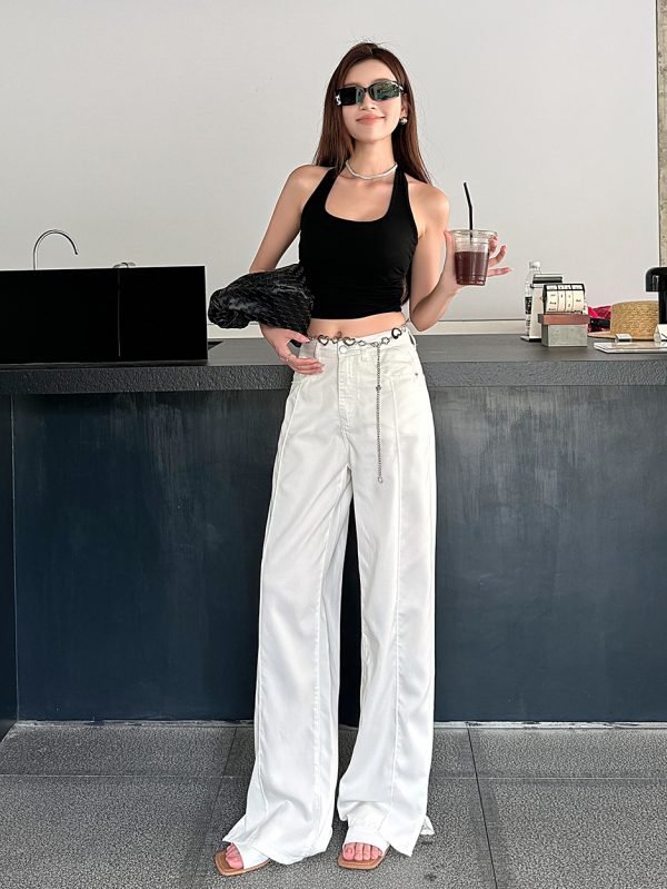 Lightweight High-Waisted Wide-Leg Jeans for Women - Summer Loose Fit, Split Hem, Floor-Length Tencel, White, Y2K Style