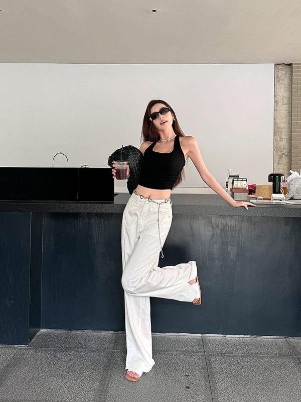 Lightweight High-Waisted Wide-Leg Jeans for Women - Summer Loose Fit, Split Hem, Floor-Length Tencel, White, Y2K Style