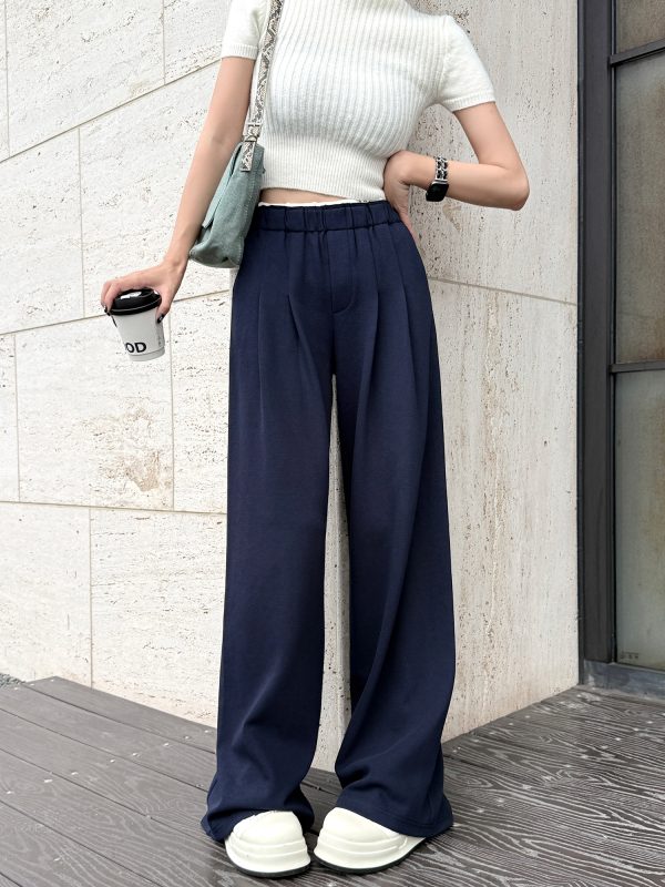 Lightweight High-Waisted Wide-Leg Pants with Pleats and White Edges - Casual Gray Floor-Length Trousers for Women