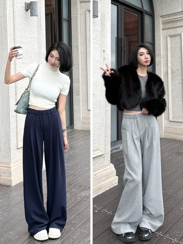 Lightweight High-Waisted Wide-Leg Pants with Pleats and White Edges - Casual Gray Floor-Length Trousers for Women