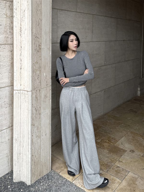 Lightweight High-Waisted Wide-Leg Pants with Pleats and White Edges - Casual Gray Floor-Length Trousers for Women