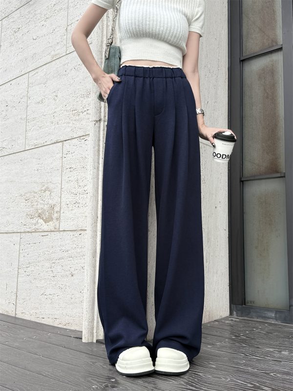 Lightweight High-Waisted Wide-Leg Pants with Pleats and White Edges - Casual Gray Floor-Length Trousers for Women