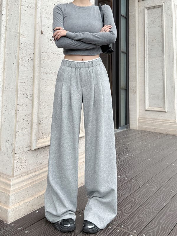 Lightweight High-Waisted Wide-Leg Pants with Pleats and White Edges - Casual Gray Floor-Length Trousers for Women
