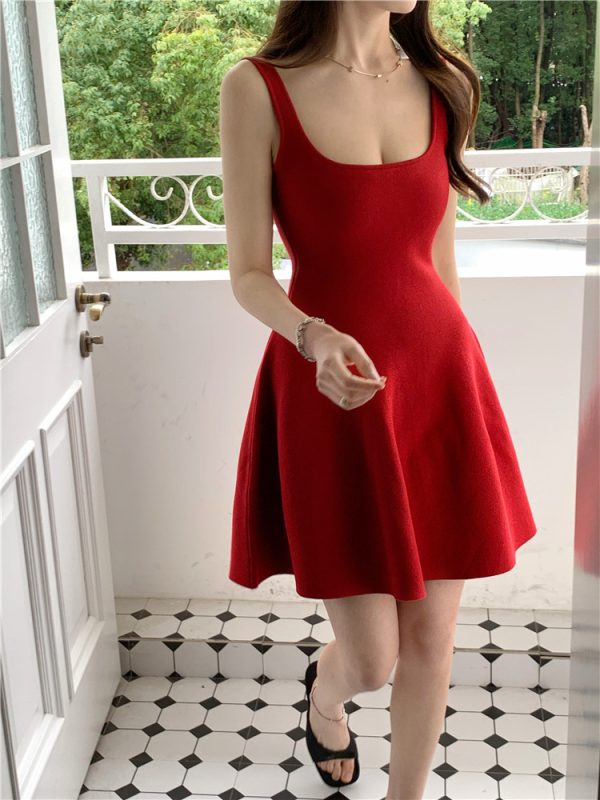 Lightweight Knitted Sleeveless Camisole Dress - Elegant Summer Solid Color, Waist-Cinching, Stretchy Slim-Fit A-Line Design