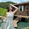 Lightweight Knitted Sleeveless Camisole Dress - Elegant Summer Solid Color, Waist-Cinching, Stretchy Slim-Fit A-Line Design