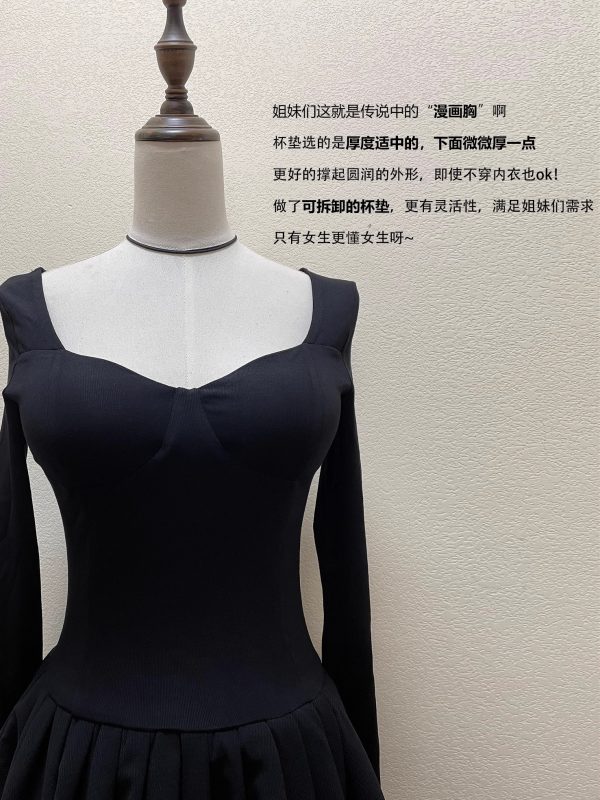 Lightweight Low Neckline Long Sleeve Puff Skirt Little Black Dress, Waist-Cinching Hepburn Style for Birthday Parties
