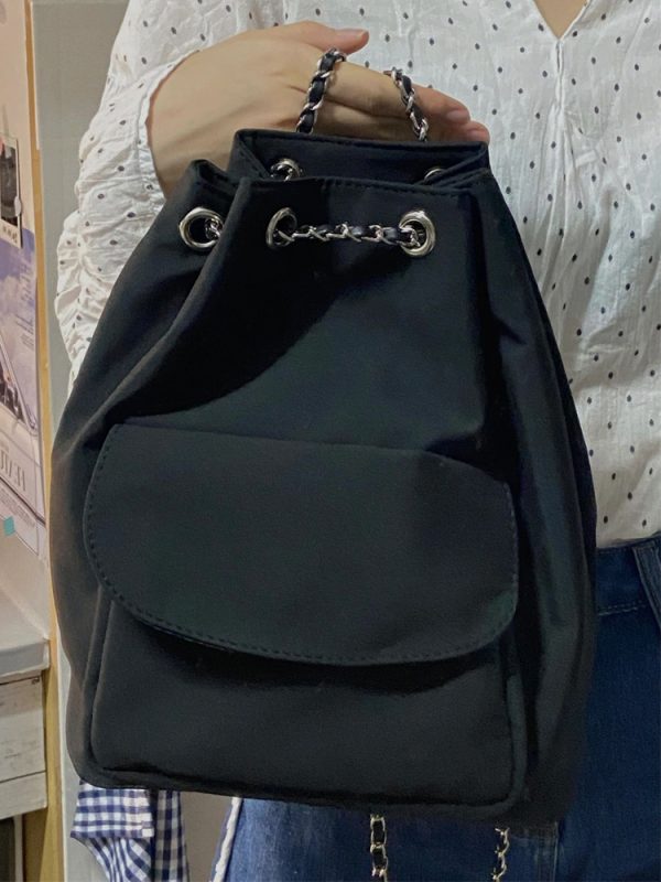Lightweight Minimalist Black Drawstring Backpack for Women - Stylish High-End Summer Commuting Bag with Chain Detail