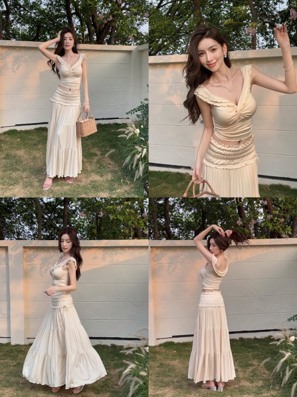 Lightweight One-Shoulder French Top with Ear-Shaped Ruffles and Elastic Long Skirt Set - Perfect for Summer Fashion
