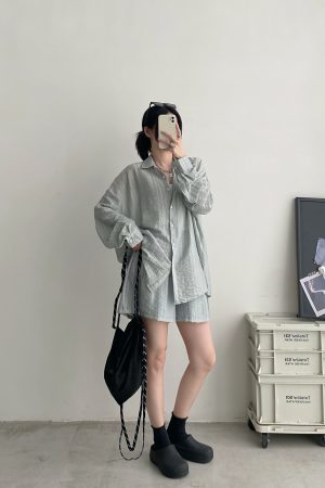 Lightweight Pleated Tencel Cardigan and Shorts Set - Sun Protection Draped Shirt Outfit for Summer Style